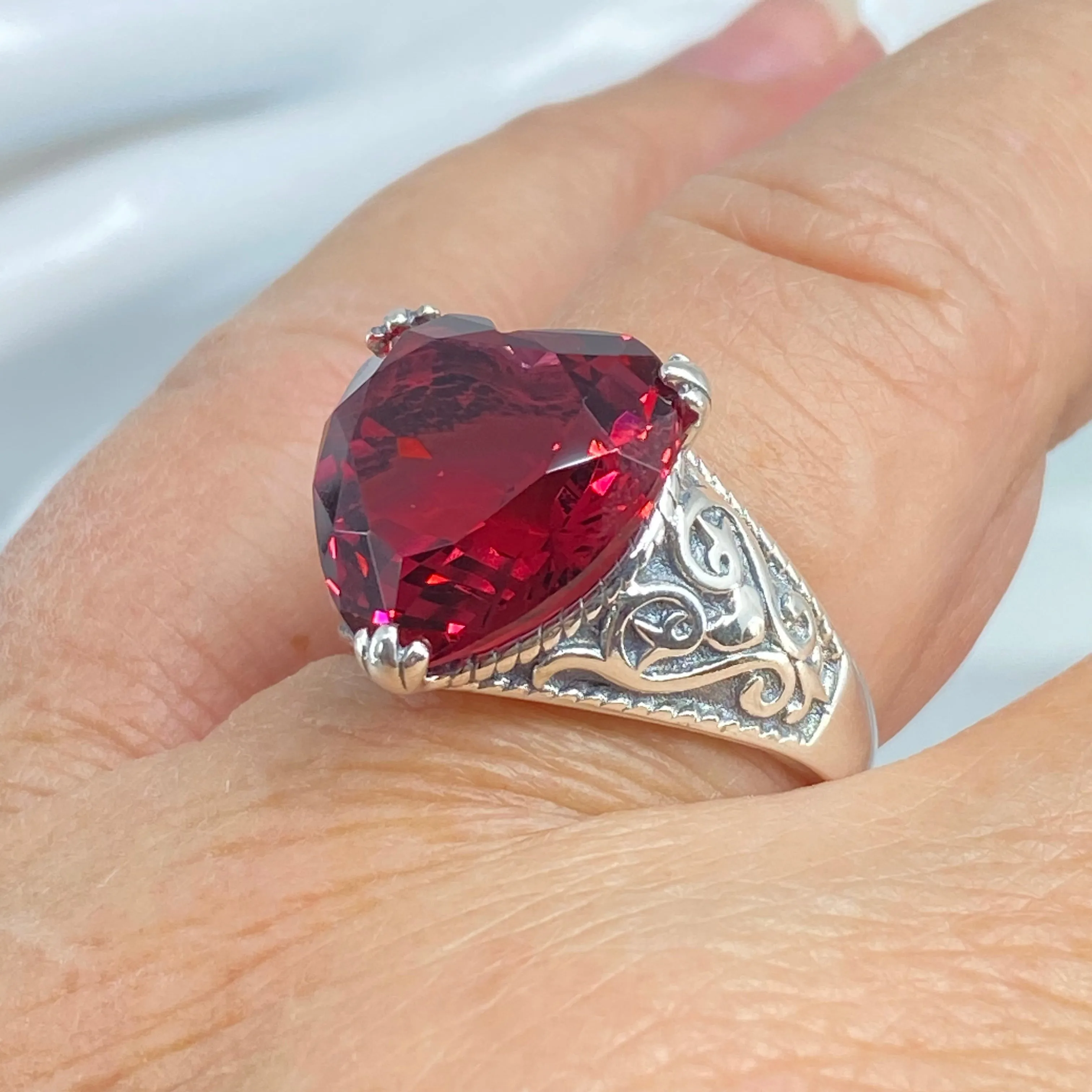 Ruby Ring, Heart Gem, Gothic Filigree Jewelry #D132