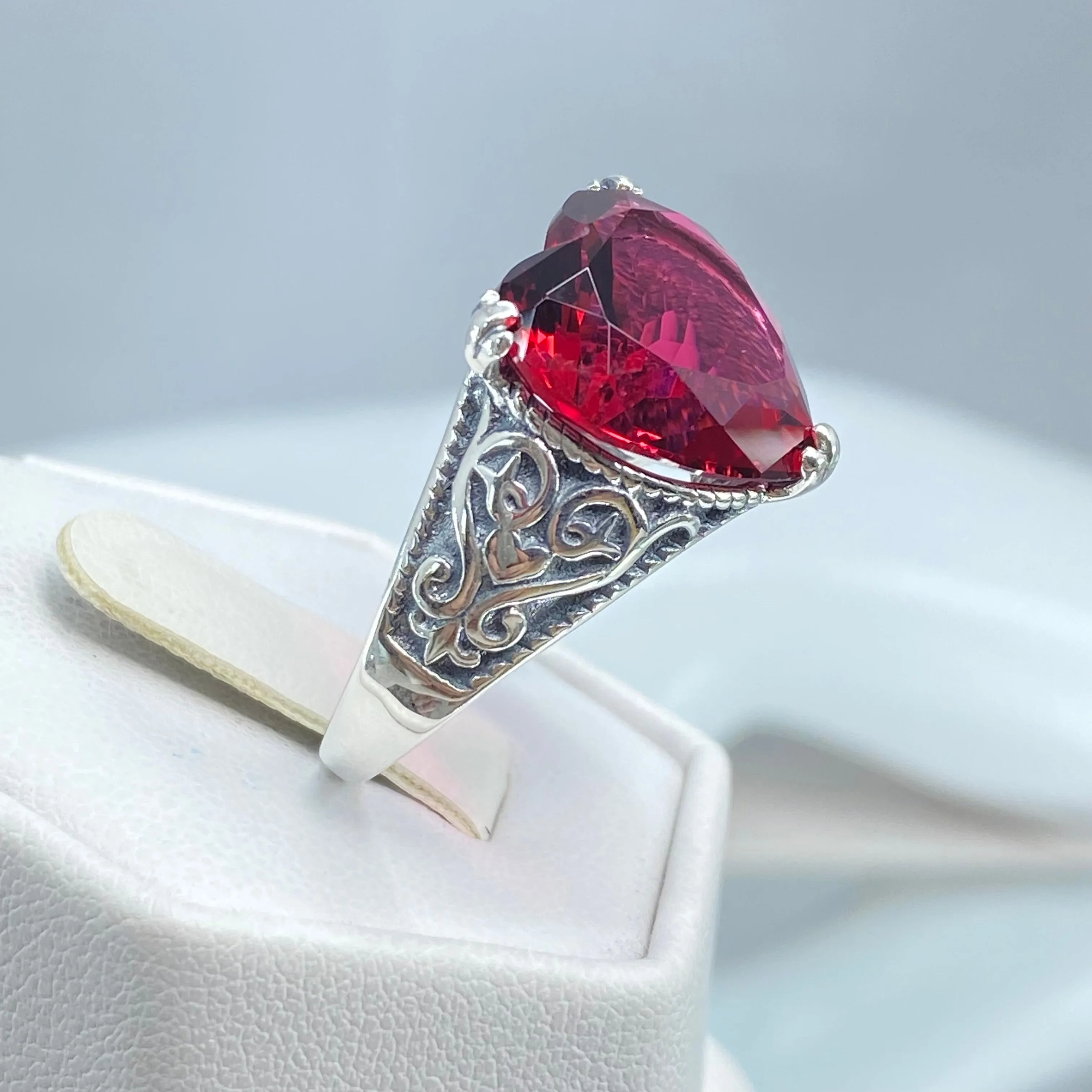 Ruby Ring, Heart Gem, Gothic Filigree Jewelry #D132