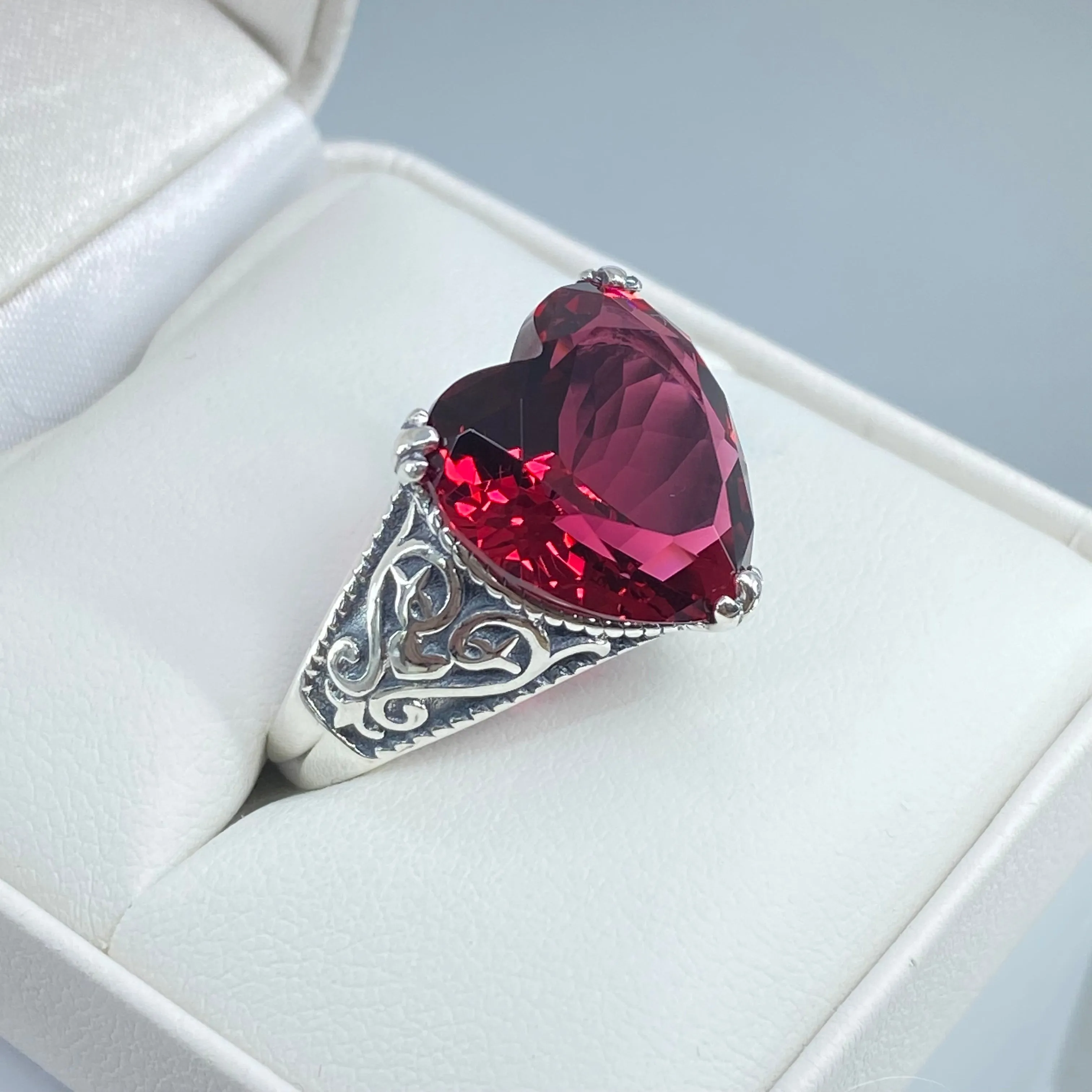 Ruby Ring, Heart Gem, Gothic Filigree Jewelry #D132