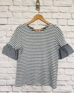 Ruffle Bell Sleeve Striped Nautical Lace Up Back Top Sz S Coastal Casual
