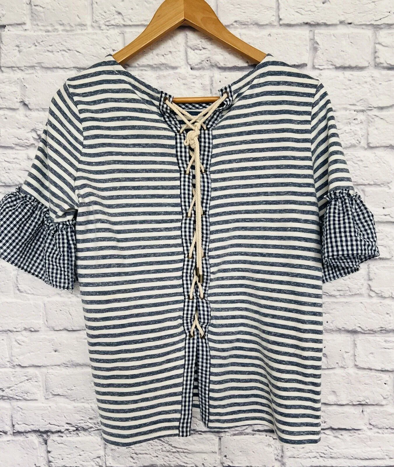 Ruffle Bell Sleeve Striped Nautical Lace Up Back Top Sz S Coastal Casual