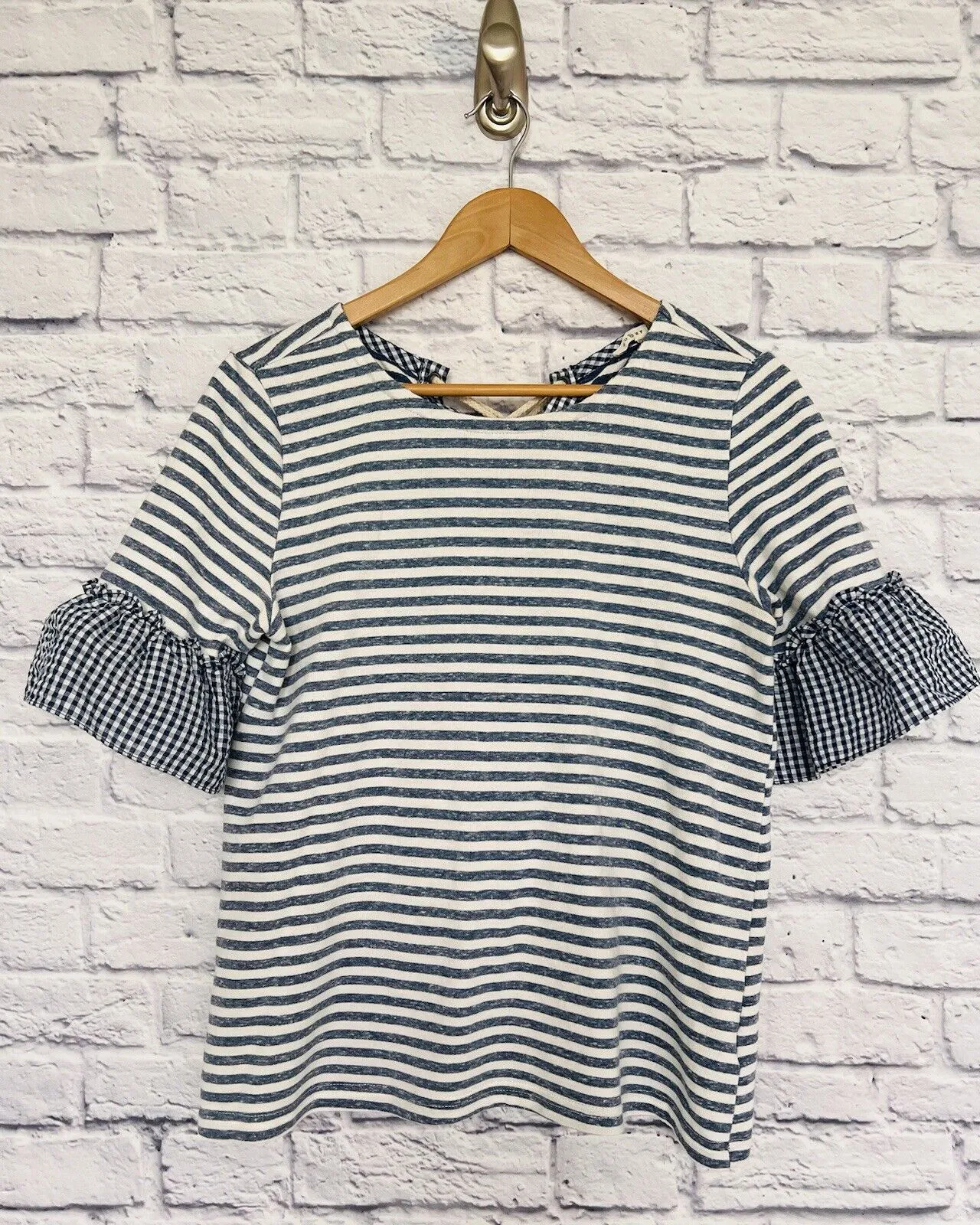 Ruffle Bell Sleeve Striped Nautical Lace Up Back Top Sz S Coastal Casual