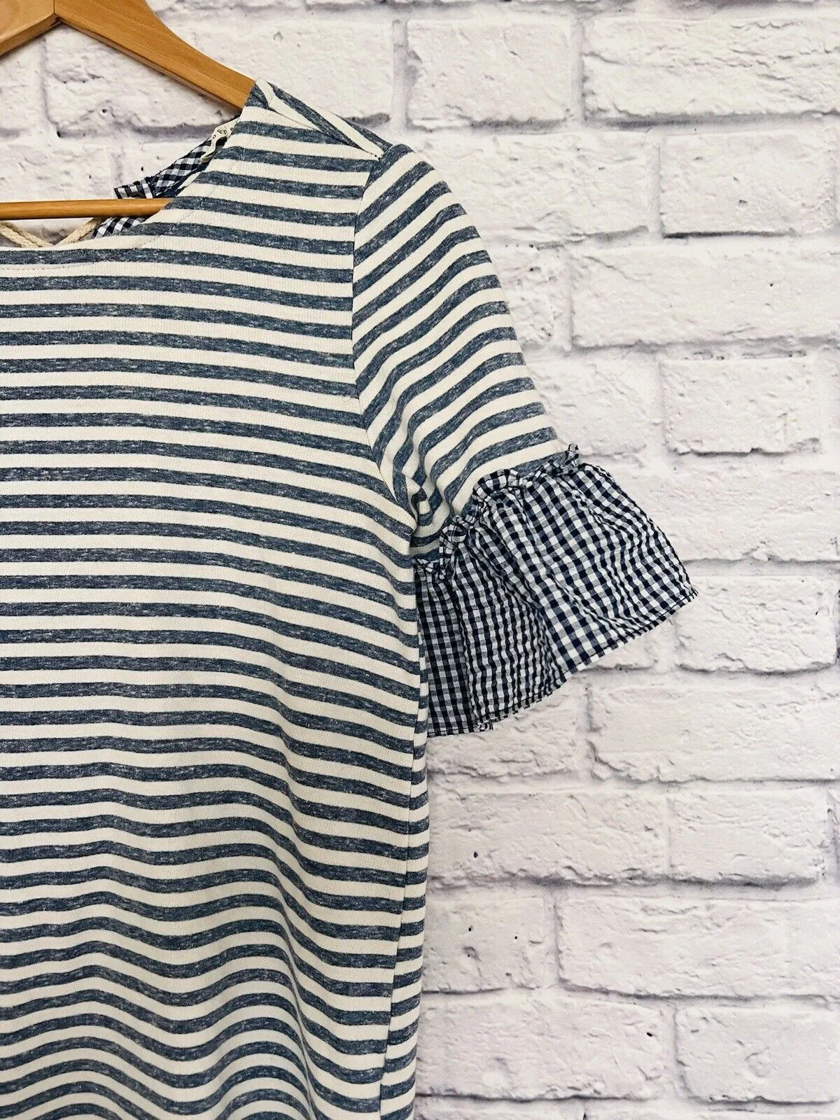 Ruffle Bell Sleeve Striped Nautical Lace Up Back Top Sz S Coastal Casual