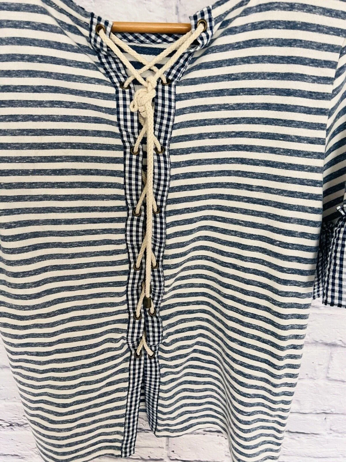 Ruffle Bell Sleeve Striped Nautical Lace Up Back Top Sz S Coastal Casual