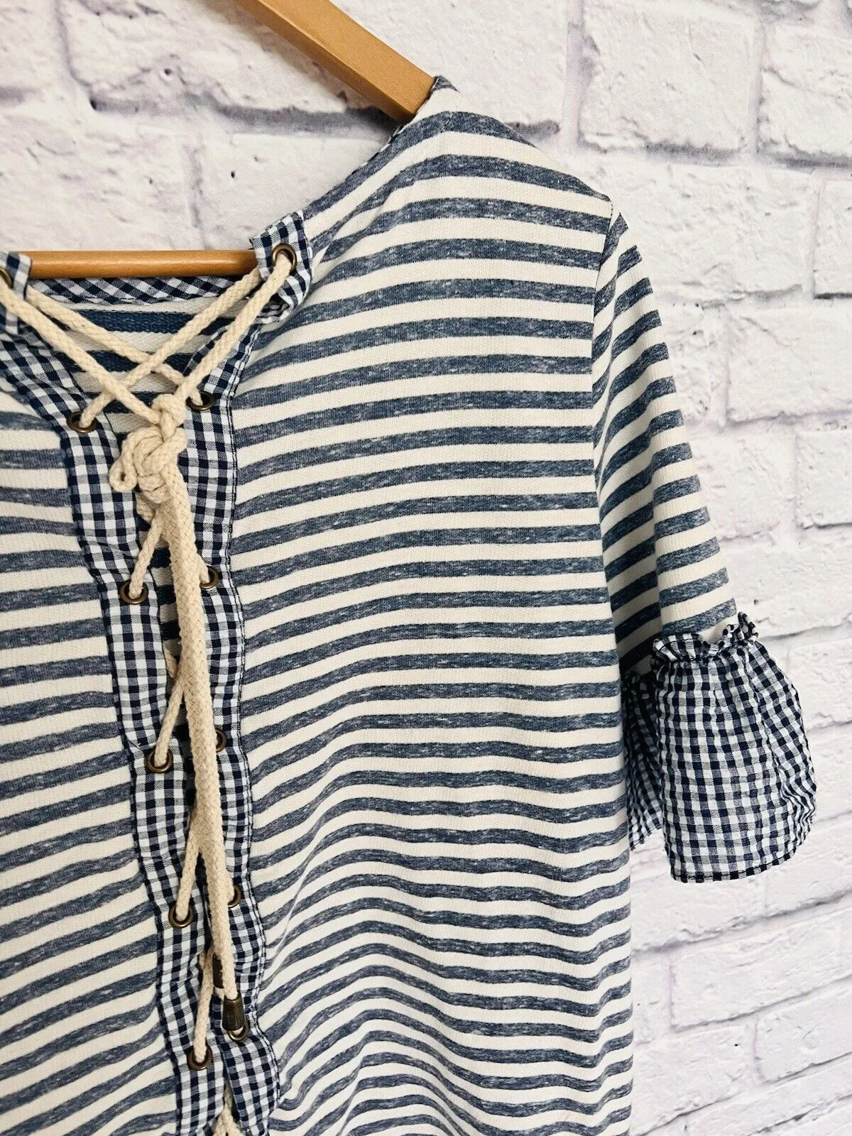 Ruffle Bell Sleeve Striped Nautical Lace Up Back Top Sz S Coastal Casual