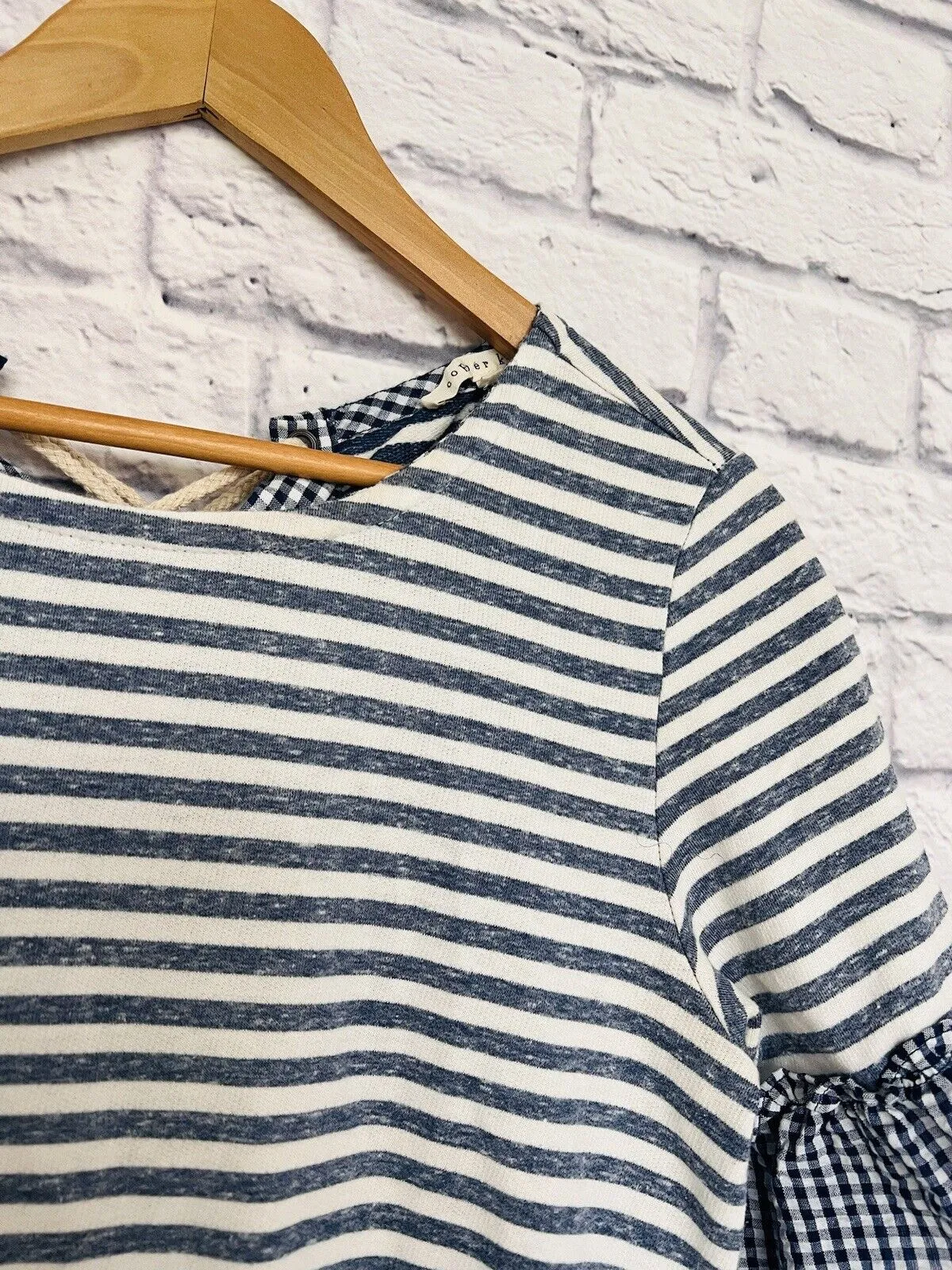 Ruffle Bell Sleeve Striped Nautical Lace Up Back Top Sz S Coastal Casual