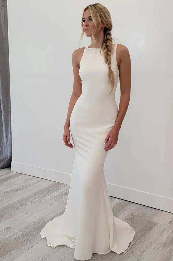 Satin Mermaid Scoop Neck Open Back Wedding Dresses, Bridal Gowns, MW897