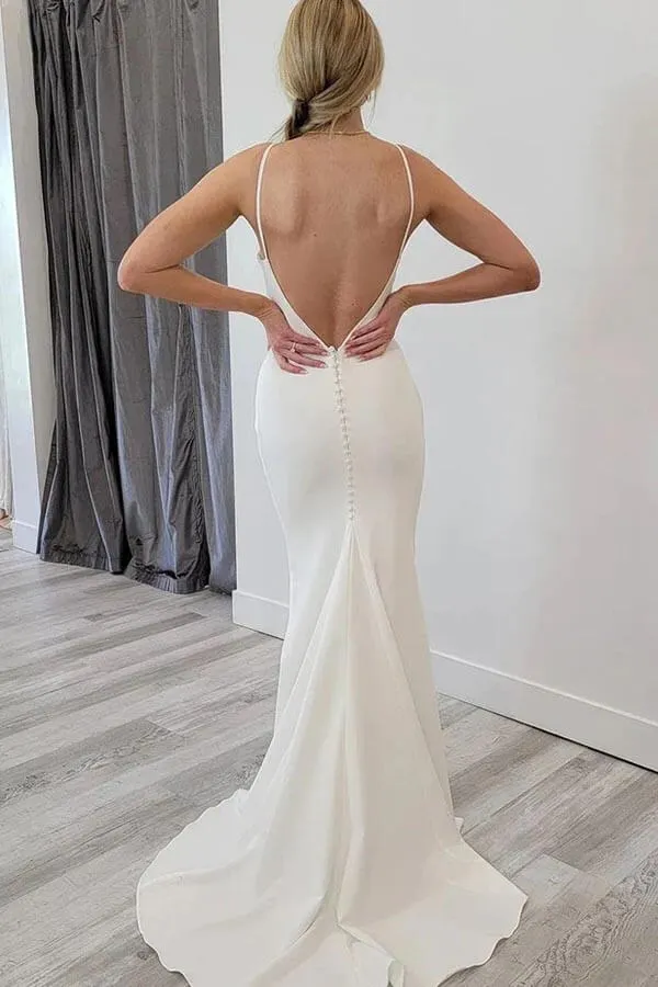 Satin Mermaid Scoop Neck Open Back Wedding Dresses, Bridal Gowns, MW897