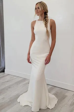 Satin Mermaid Scoop Neck Open Back Wedding Dresses, Bridal Gowns, MW897