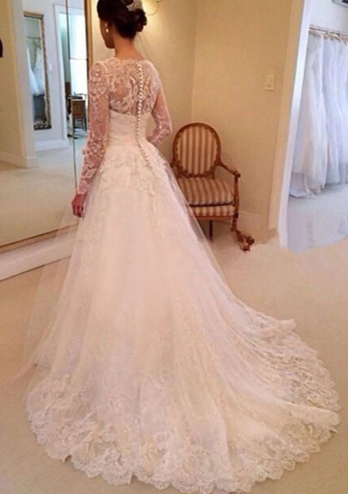 Scalloped Neck Chapel Long Sleeve Ivory Lace Wedding Dress, Buttons