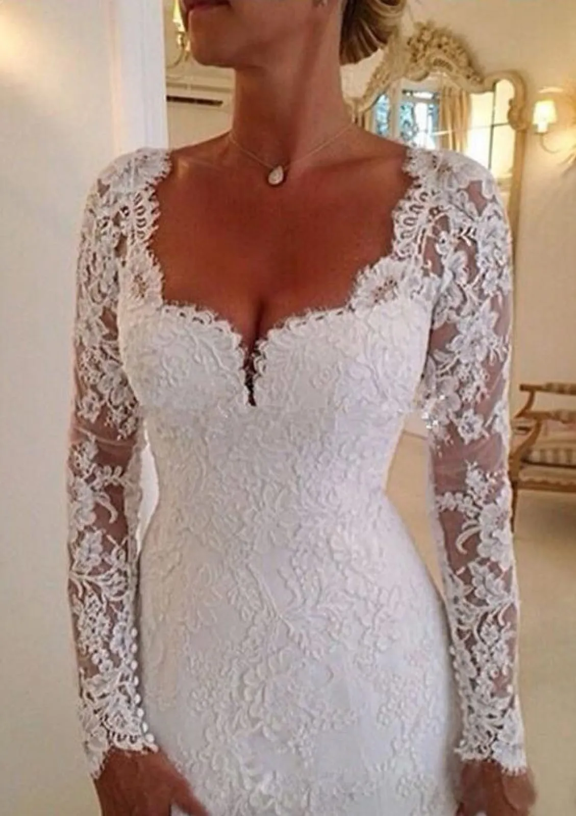 Scalloped Neck Chapel Long Sleeve Ivory Lace Wedding Dress, Buttons