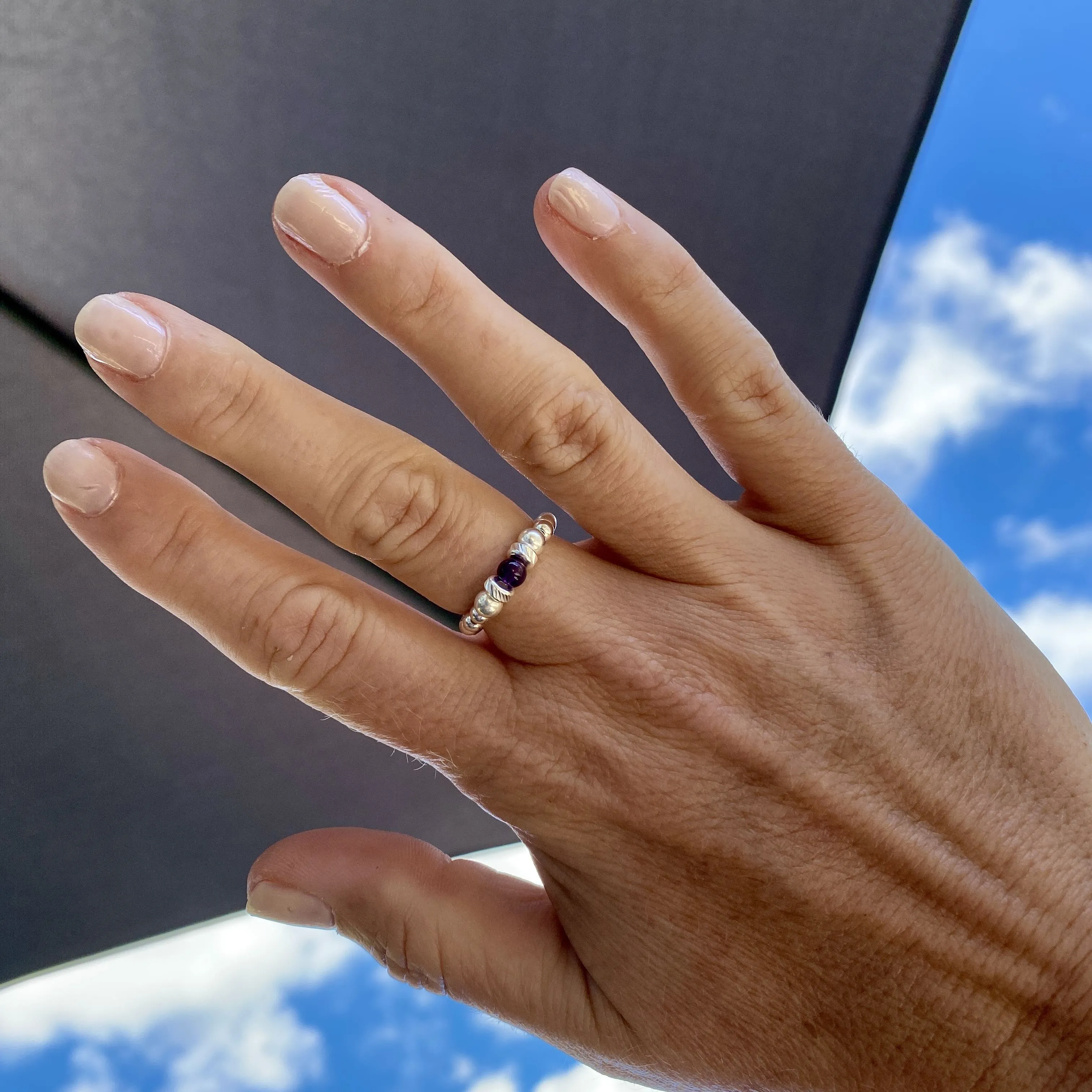Silver Amethyst Gemstone Bead Ring
