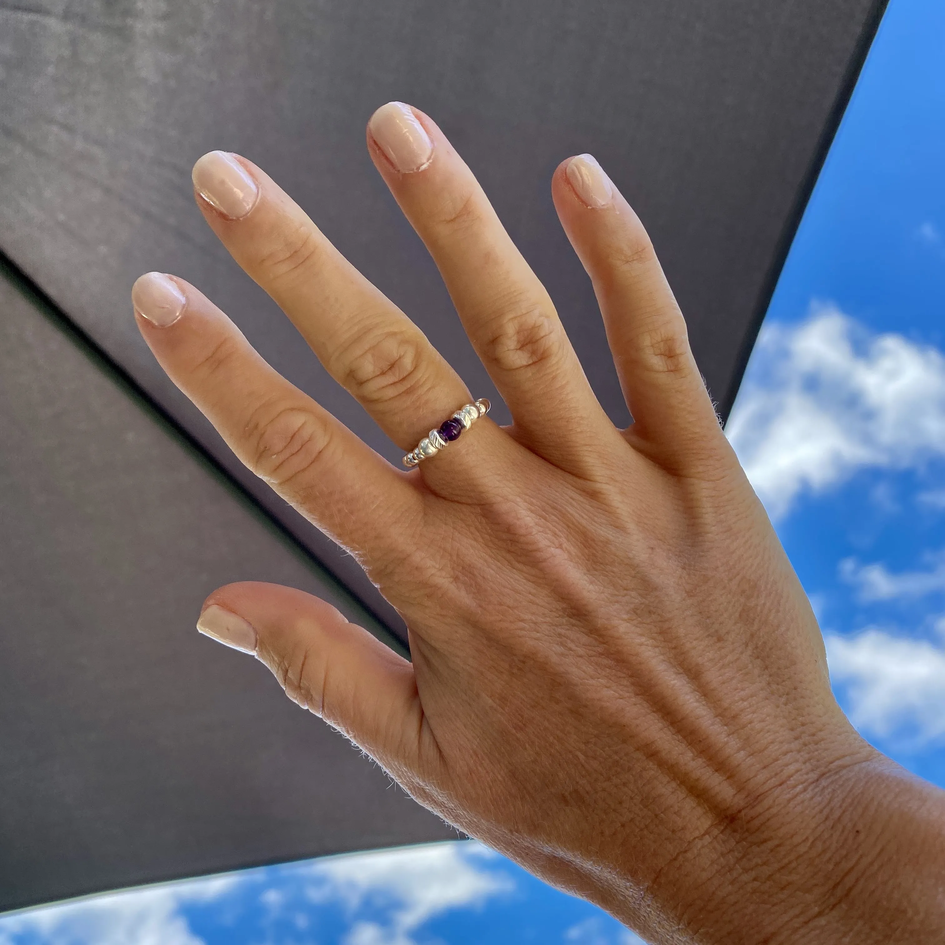 Silver Amethyst Gemstone Bead Ring