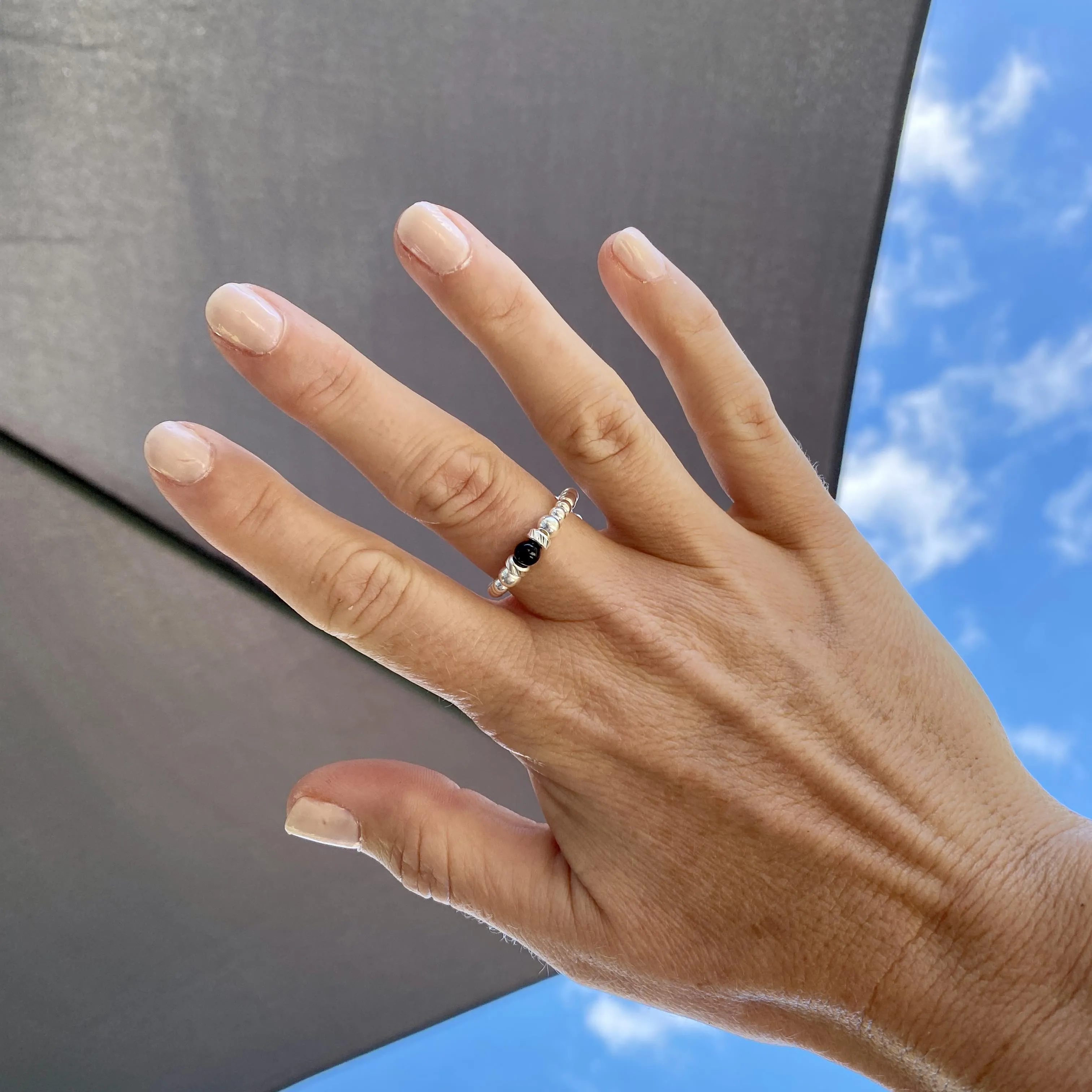 Silver Black Onyx Gemstone Bead Ring