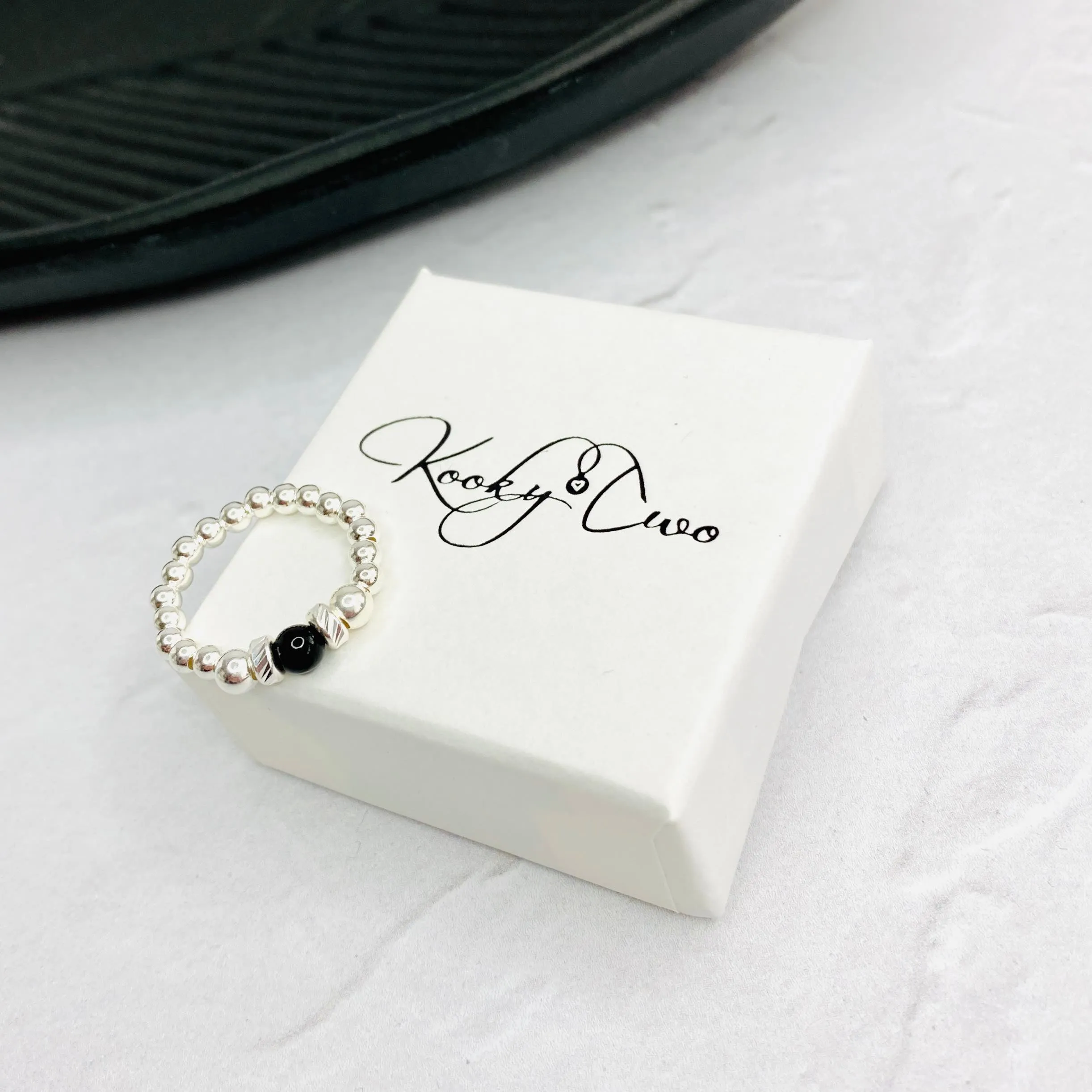 Silver Black Onyx Gemstone Bead Ring