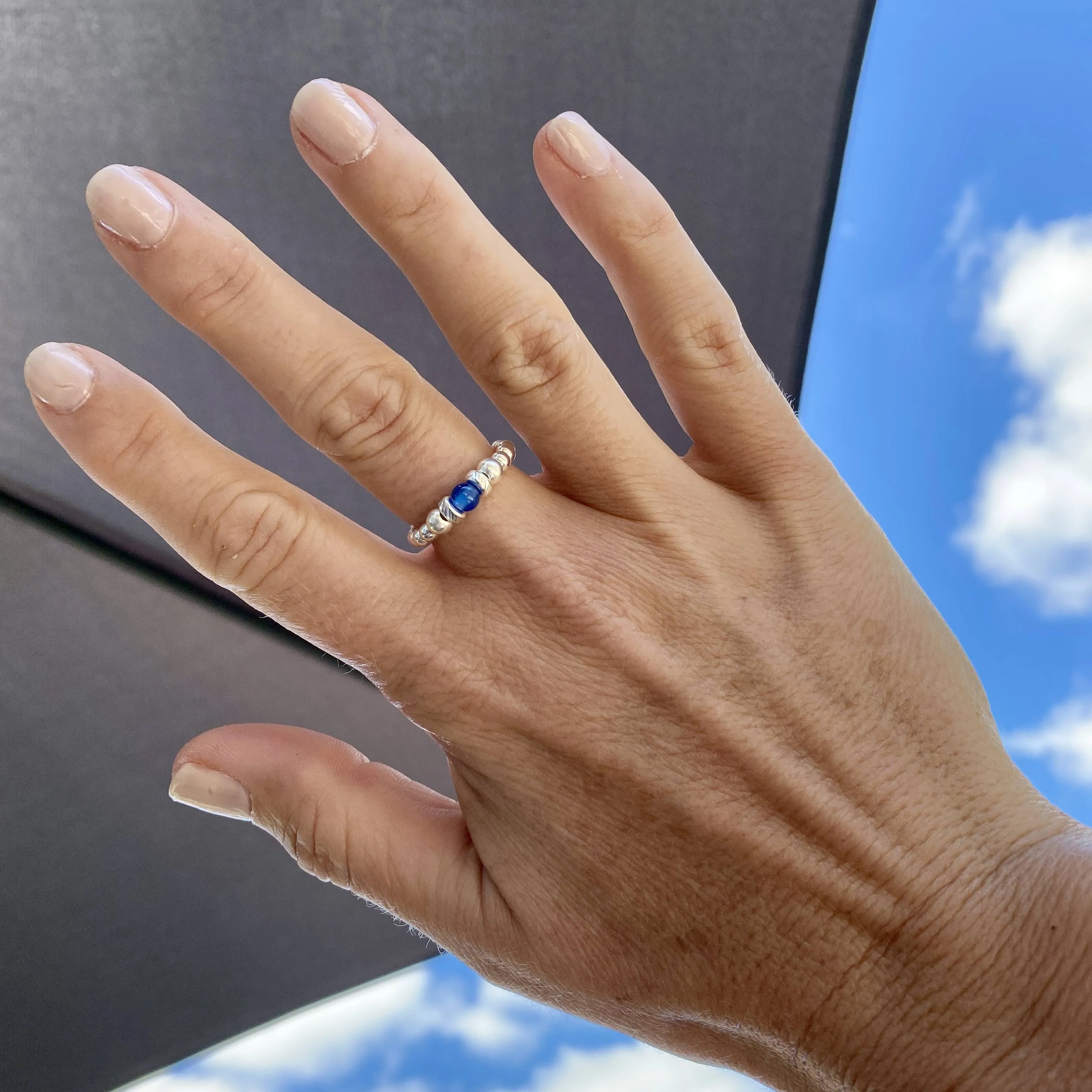 Silver Blue Onyx Gemstone Bead Ring