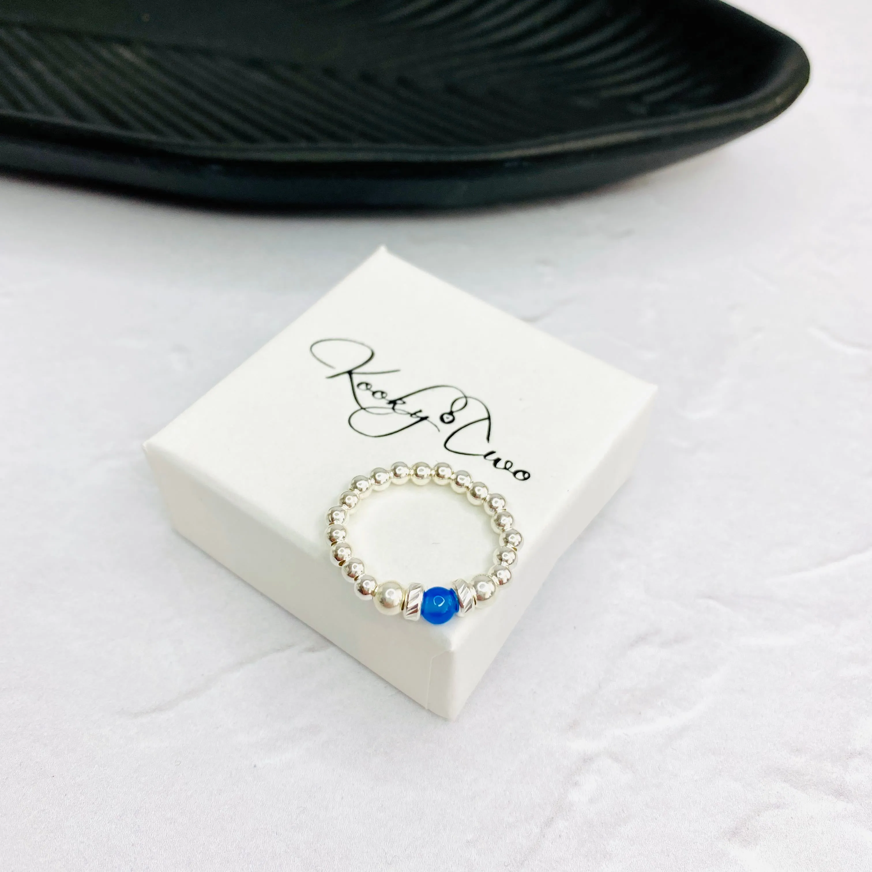 Silver Blue Onyx Gemstone Bead Ring