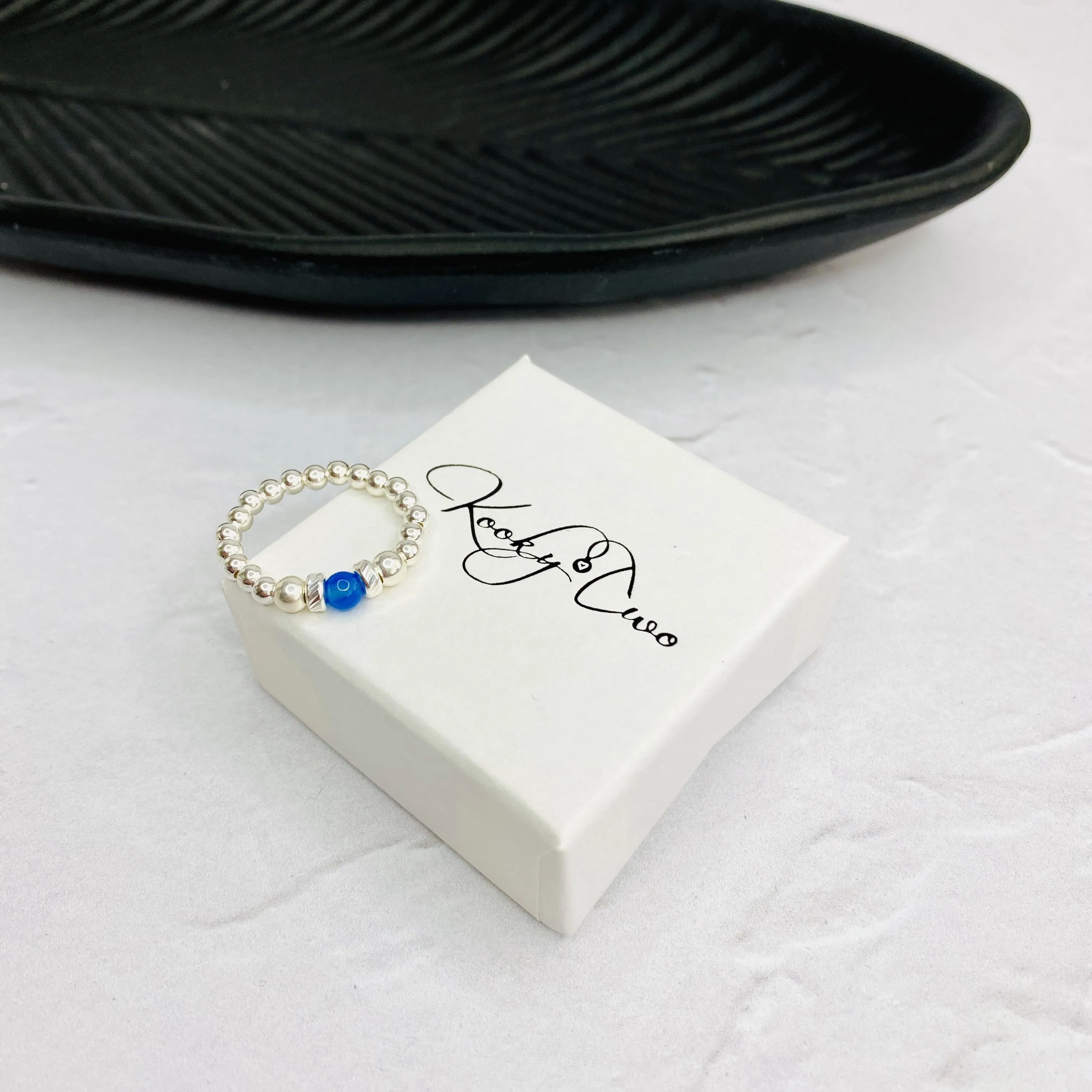 Silver Blue Onyx Gemstone Bead Ring