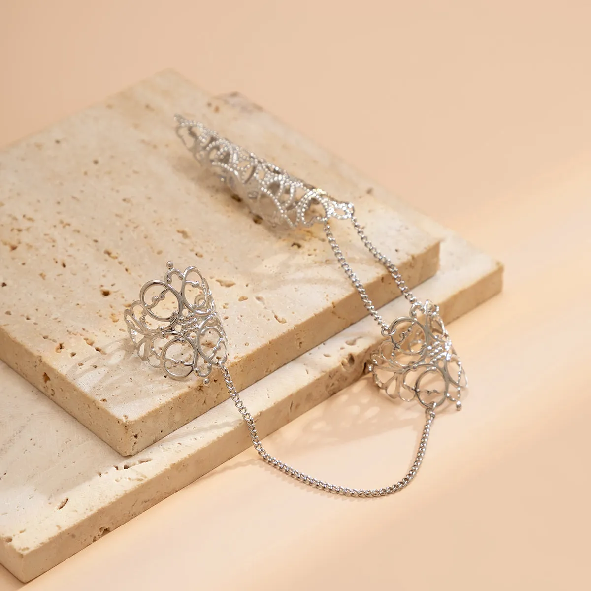 Silver-Plated Filigree Triple-Finger Ring