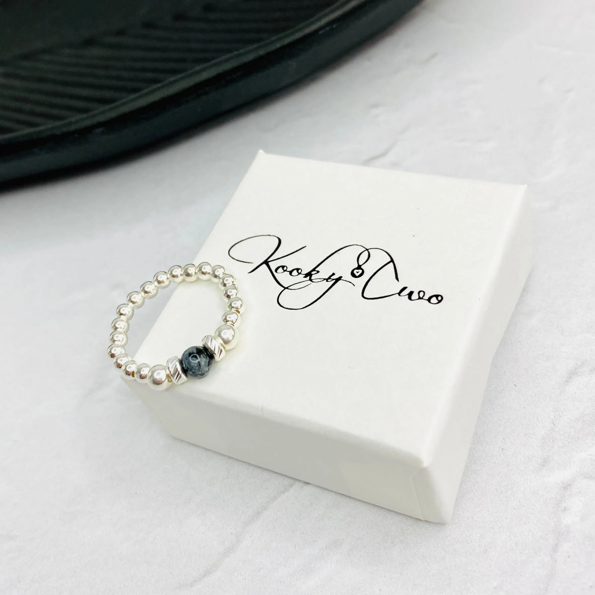 Silver Snowflake Obsidian Gemstone Bead Ring