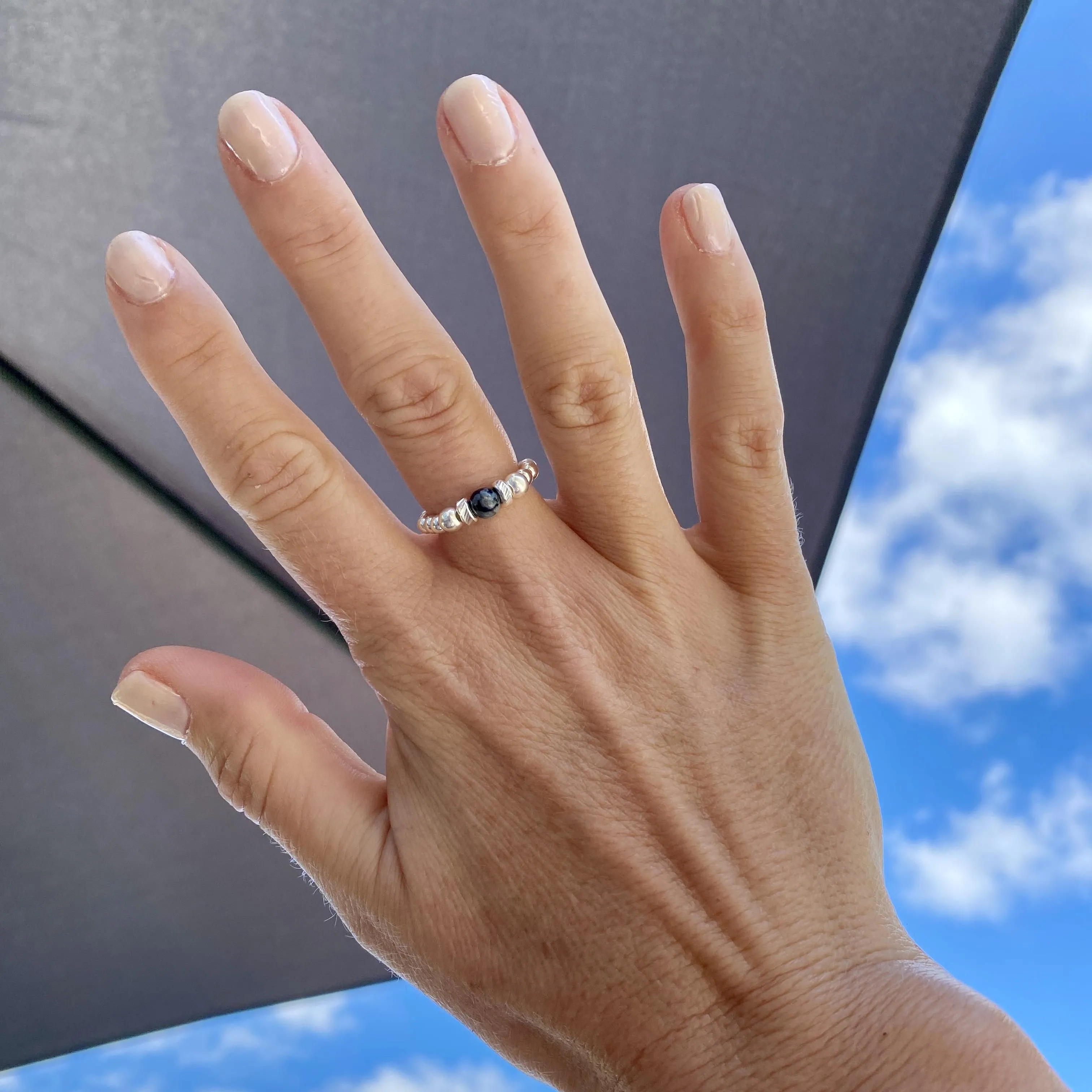 Silver Snowflake Obsidian Gemstone Bead Ring