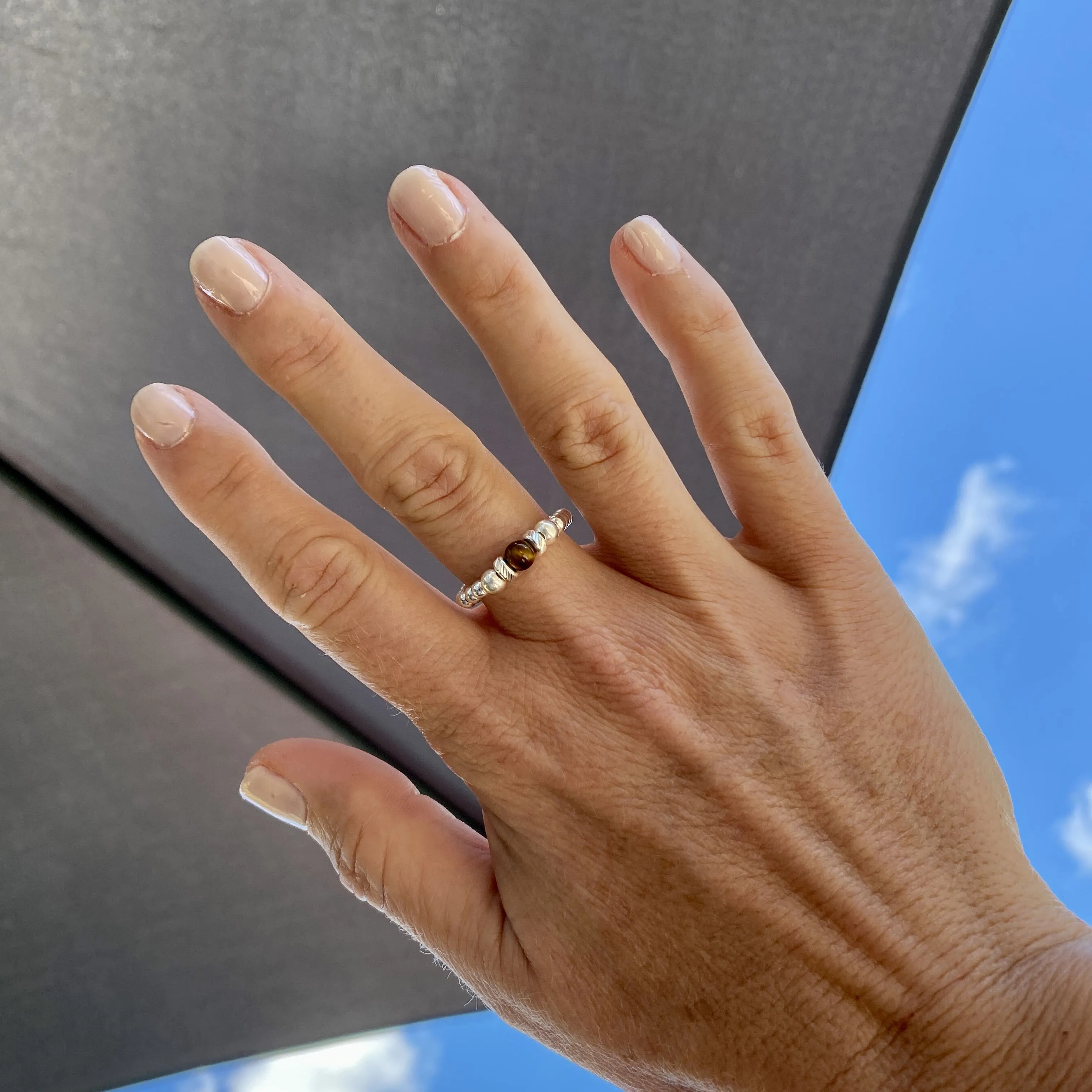 Silver Tiger Eye Gemstone Bead Ring