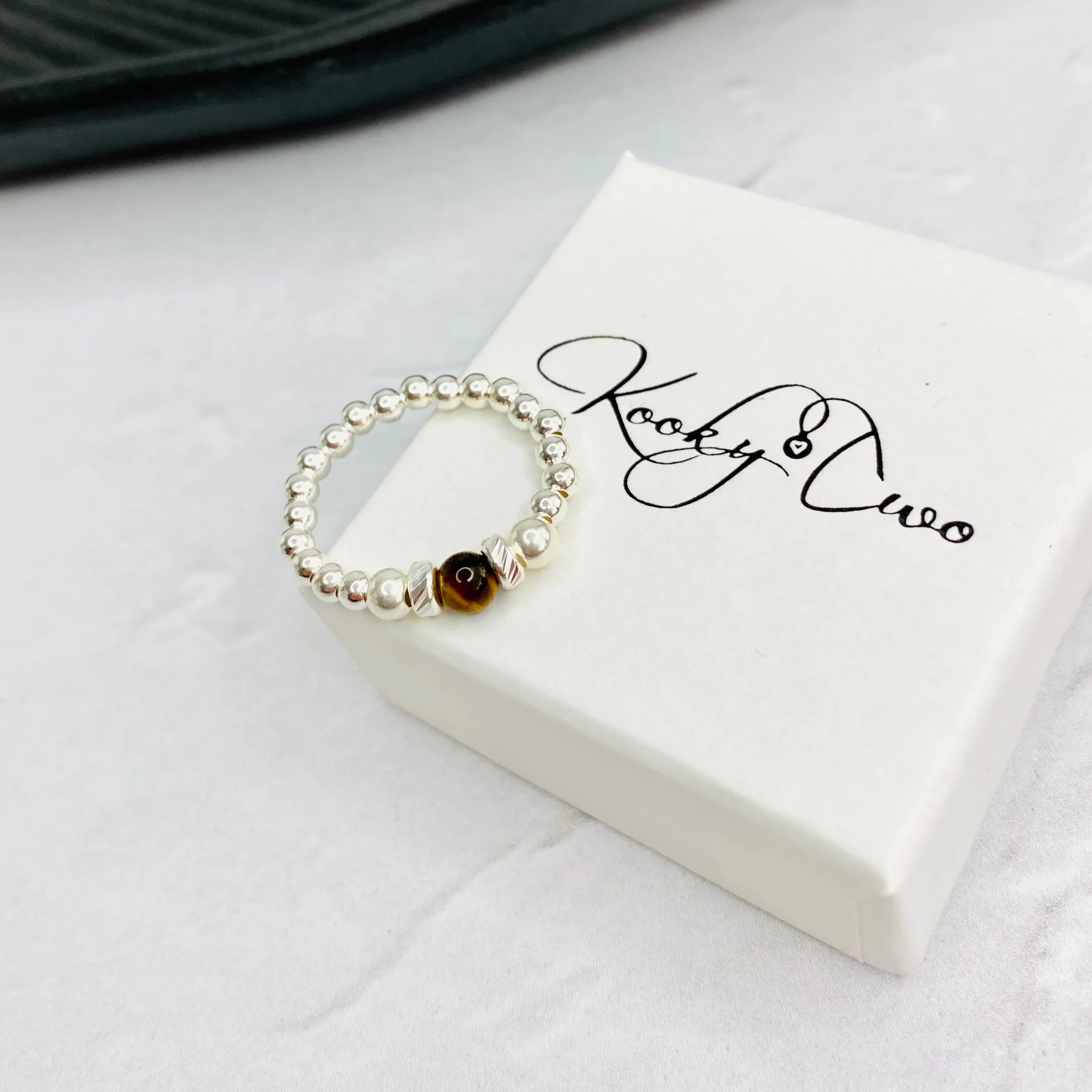 Silver Tiger Eye Gemstone Bead Ring