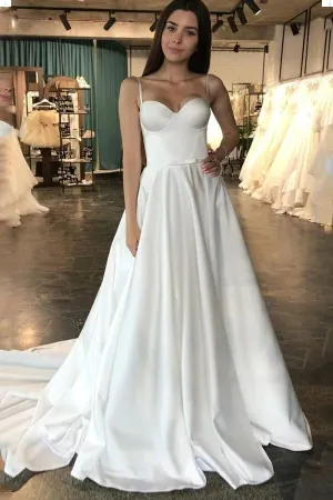 Simple Ivory Satin A-line Sweetheart Wedding Dresses, Cheap Bridal Gown, MW701