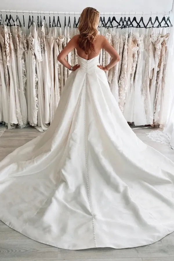 Simple Ivory Satin Ball Gown Wedding Dresses With Slit, Bridal Gown, SW705