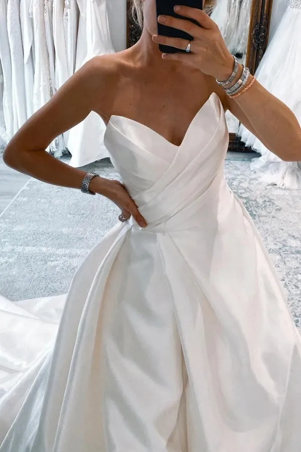Simple Ivory Satin Ball Gown Wedding Dresses With Slit, Bridal Gown, SW705