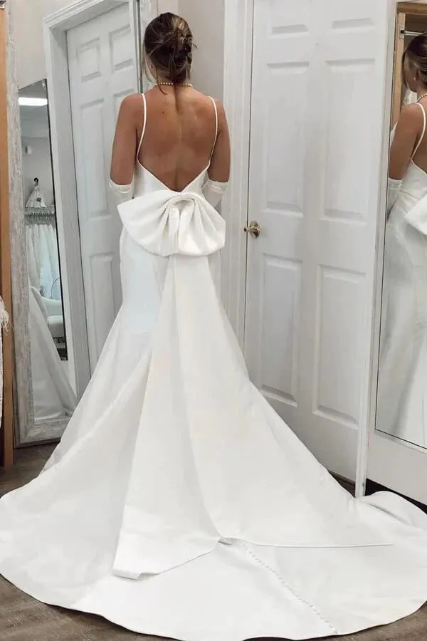 Simple Ivory Satin Mermaid V Neck Wedding Dresses, Wedding Gowns, MW764
