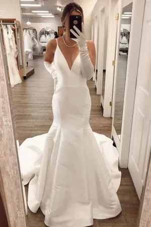 Simple Ivory Satin Mermaid V Neck Wedding Dresses, Wedding Gowns, MW764