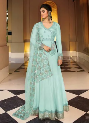 Sky Blue Heavy Neck Embroidered Gown Style Anarkali