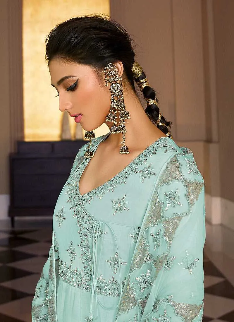 Sky Blue Heavy Neck Embroidered Gown Style Anarkali