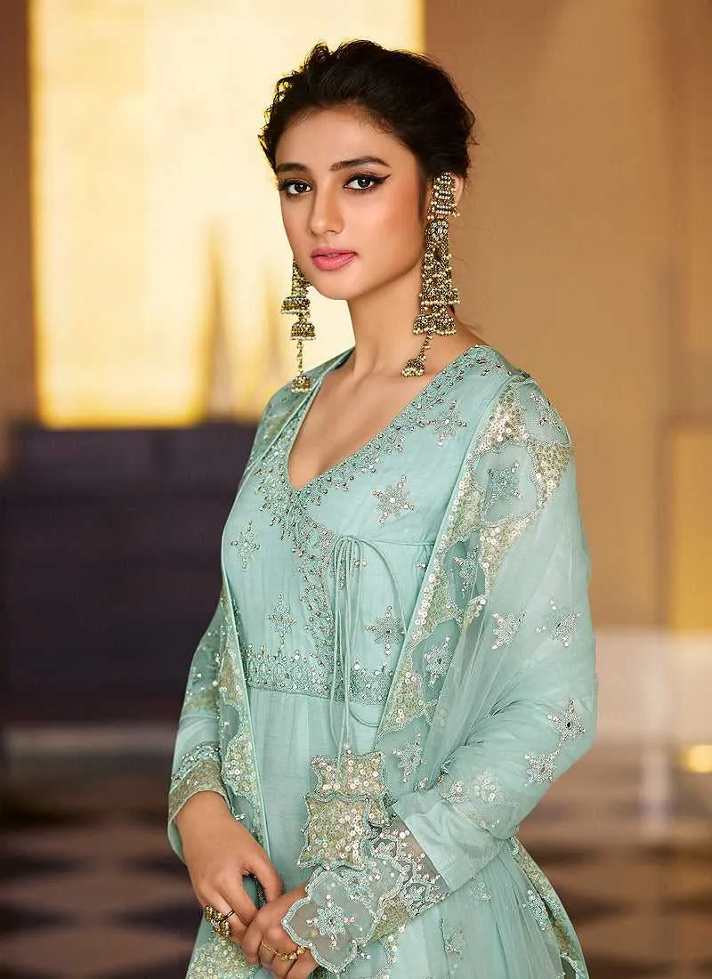 Sky Blue Heavy Neck Embroidered Gown Style Anarkali