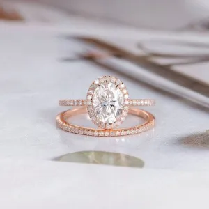 Solid 14k Rose Gold 1.5ct Oval Cut Diamond Halo Bridal Ring Set