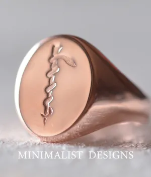 Solid Gold Custom Made Oval Asclepius Ring