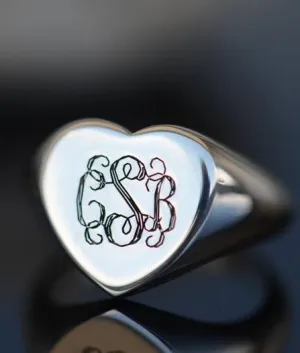 Solid Gold Personalized Heart Shaped Monogram Signet Ring