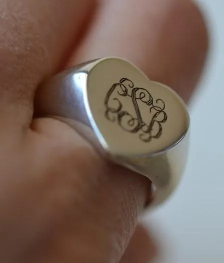 Solid Gold Personalized Heart Shaped Monogram Signet Ring