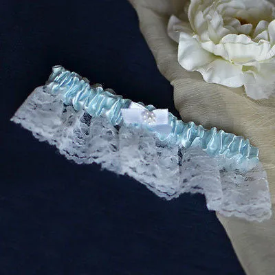 Something Blue Satin Pearls and Lace Garter Wedding Bridal Accessory