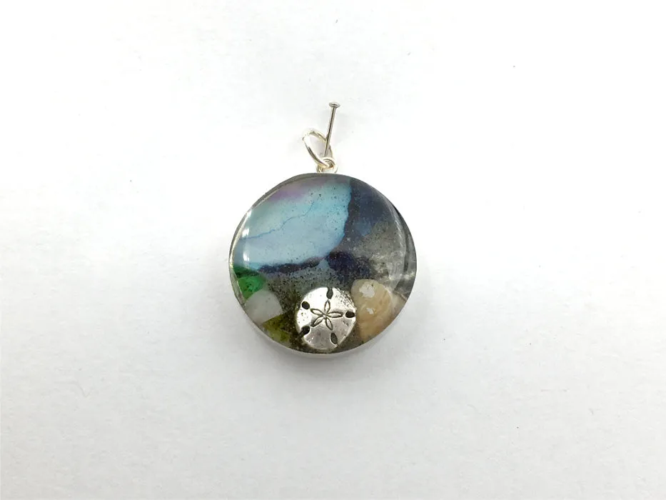 Sterling silver 25mm Round Pendant with  Shells, Sand, Sea glass, Rocks, Sand Dollar,  New Jersey, Avalon, shore, ocean,  beach comber, Alcohol ink