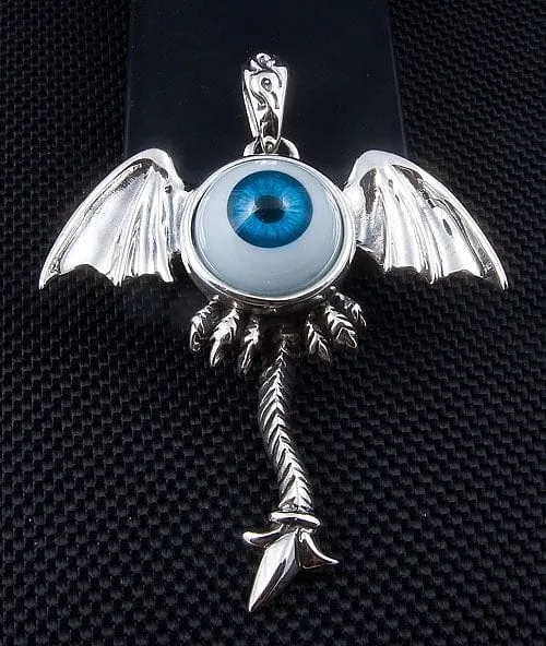 Sterling Silver Blue Eyeball Gothic Wings Pendant