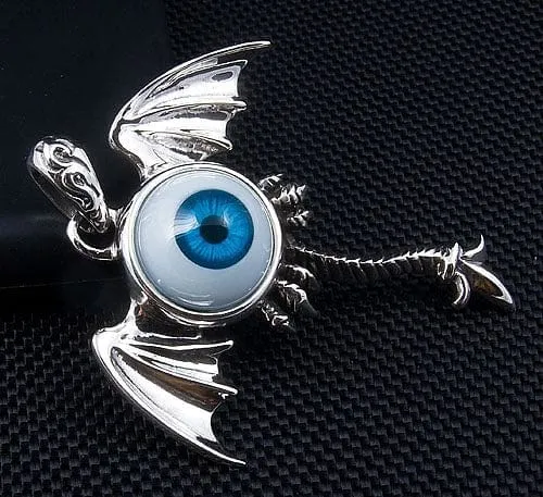 Sterling Silver Blue Eyeball Gothic Wings Pendant