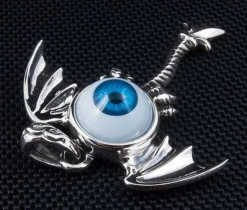 Sterling Silver Blue Eyeball Gothic Wings Pendant