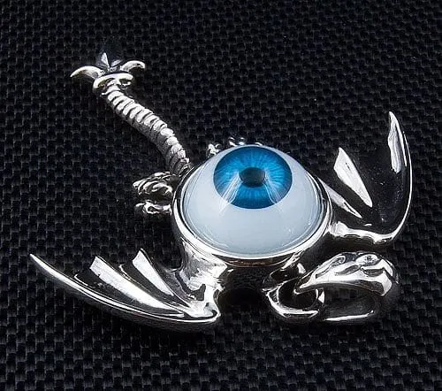 Sterling Silver Blue Eyeball Gothic Wings Pendant