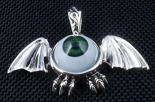 Sterling Silver Green Eyeball Gothic Wings Pendant