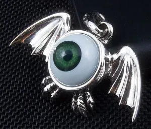 Sterling Silver Green Eyeball Gothic Wings Pendant