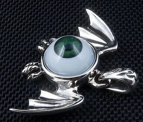 Sterling Silver Green Eyeball Gothic Wings Pendant