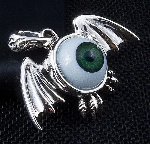 Sterling Silver Green Eyeball Gothic Wings Pendant