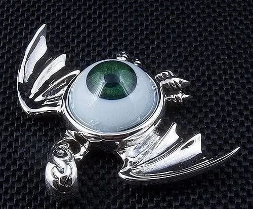 Sterling Silver Green Eyeball Gothic Wings Pendant